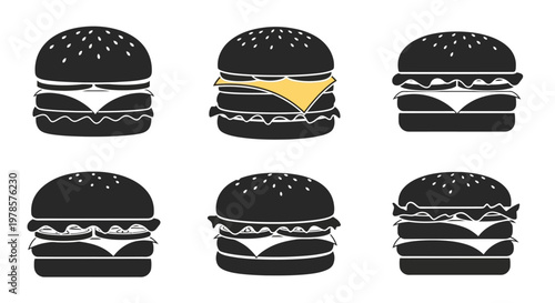 Set of black silhouette burger icons with cheese highlights showing different layers and ingredient stacking.