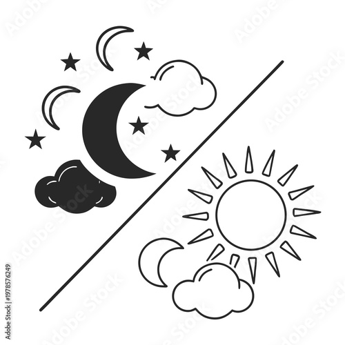 A vector graphic illustration of day and night weather symbols
