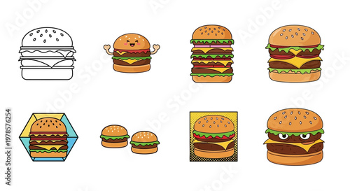 Cartoon burger sticker set featuring various delicious double cheeseburgers with lettuce and sesame seed buns.
