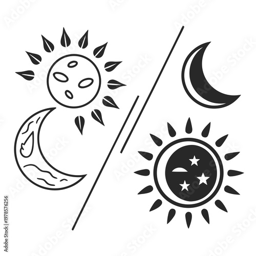 A minimalist vector graphic illustration of sun and moon symbols in black and white