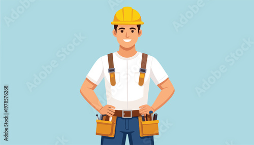 vector Construction Worker Standing Confidently with Tool Belt and Hard Hat