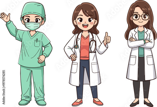 Cute Female Doctors and Surgeon Cartoon Vector Illustration Set with Medical Professionals in Uniform Showing Thumbs Up, Wearing Scrubs and Lab Coat for Healthcare Design