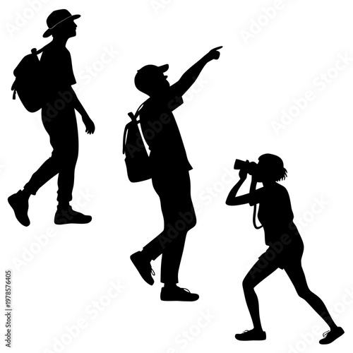 A vector graphic illustration of three silhouetted people hiking and exploring with backpacks and cameras