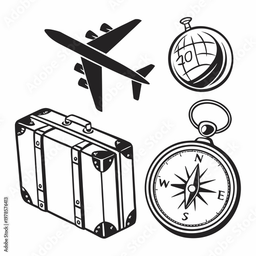 A set of travel icons including an airplane, suitcase, globe, and compass on a white background