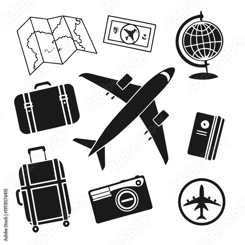 A set of travel icons including an airplane, luggage, and a globe on a white background