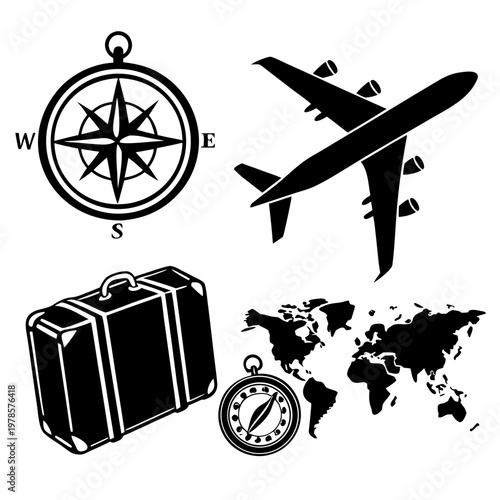 A set of travel icons including a compass, airplane, suitcase, and world map in a flat, minimalist design