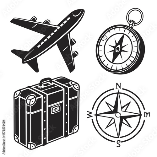 A set of travel icons including an airplane, compass, suitcase, and navigation star on a white background