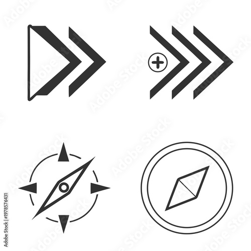 A set of four minimalist navigation icons in a simple black and white design