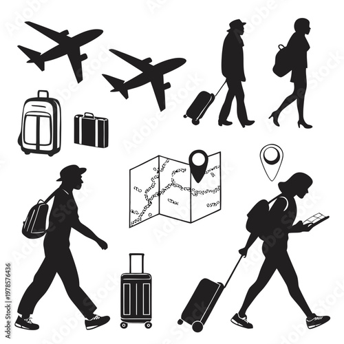 A vector graphic illustration of travel icons including silhouettes of people with luggage and airplanes