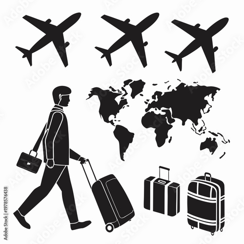 A vector graphic illustration of a man traveling with luggage and airplanes flying above a world map