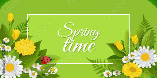 A spring themed graphic with flowers a ladybug and text