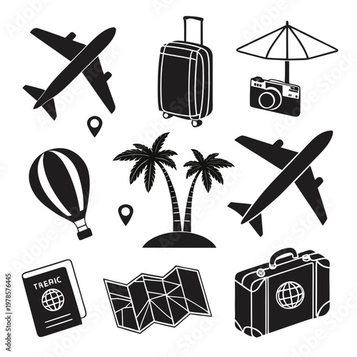 A set of travel icons including airplanes, luggage, and tropical symbols