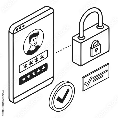 A vector graphic illustrating a secure login process with a smartphone, padlock, and verification symbols.