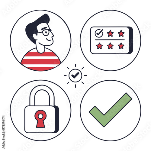 A vector graphic illustration of four icons representing security and verification