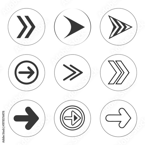 A set of black and white arrow icons in circular frames for navigation and direction