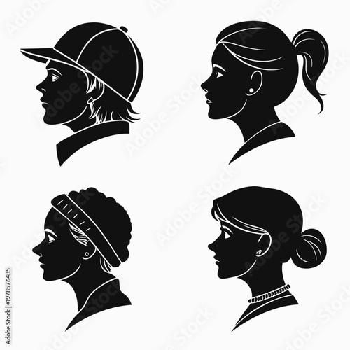 A set of four black silhouette profiles of people with different hairstyles and headwear on a white background