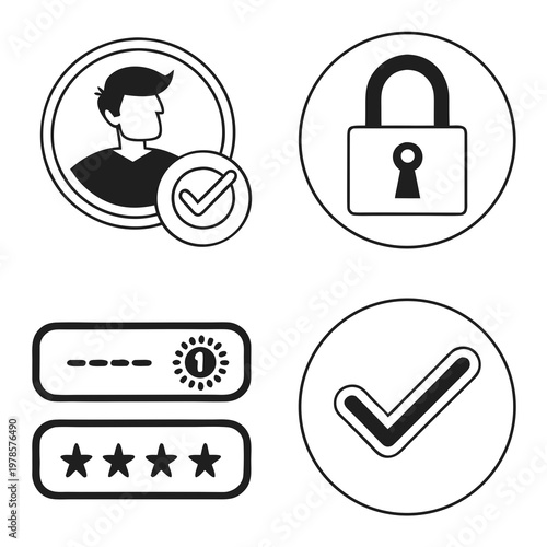 A set of four black and white vector icons depicting security and verification symbols
