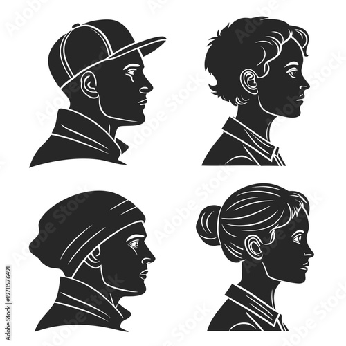 A set of four black and white silhouette illustrations of people's heads in profile