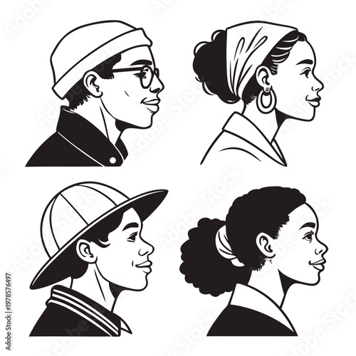 A set of four black and white vector illustrations of people's heads in profile