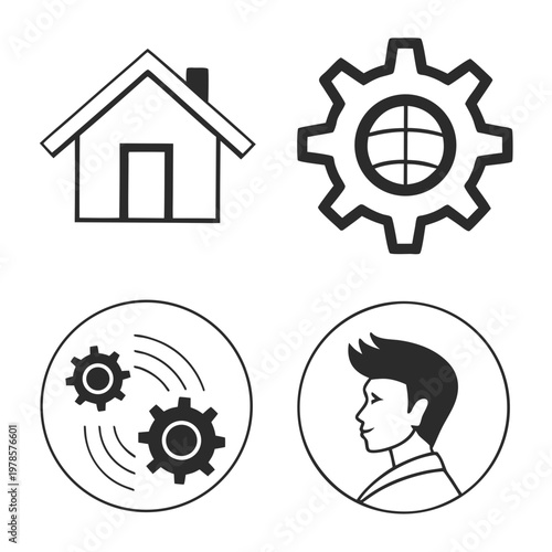 A set of four black and white vector icons depicting a house, gear, mechanical cogs, and a man's head.