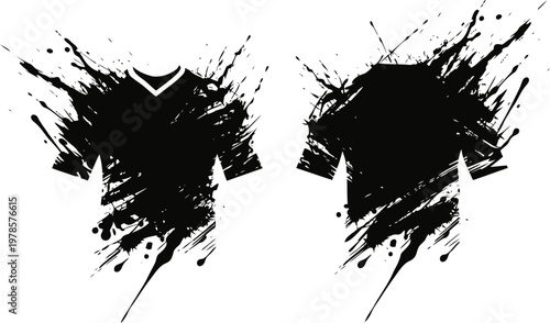 grunge paint splash black t shirt silhouette front and back isolated on white background