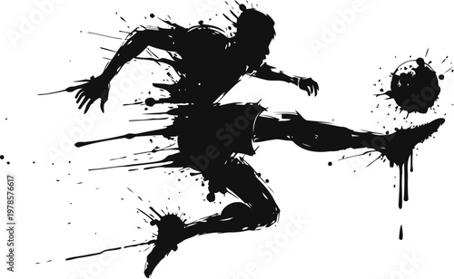 Dynamic ink splash silhouette of soccer player kicking ball in motion and energy burst