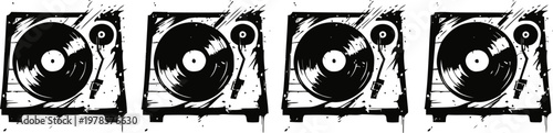 Vintage vinyl record players set in retro style, black and white illustration with distressed texture
