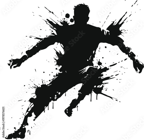 Dynamic silhouette of a soccer player kicking a ball with ink splatter effect and motion
