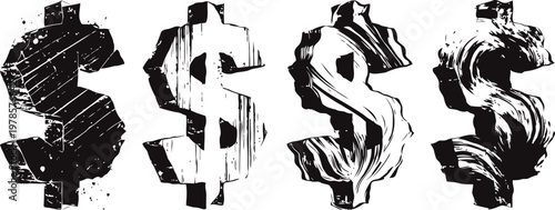 Distressed dollar signs in grunge artistic style, vector graphic elements for finance and money design