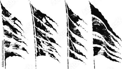 Torn and tattered flag illustrations in black and white, vintage distressed