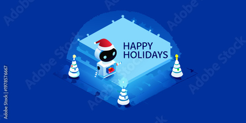 Isometric illustration of a robot celebrating happy holidays with christmas trees