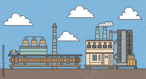 Industrial factory with conveyor belt and smokestacks emitting smoke.