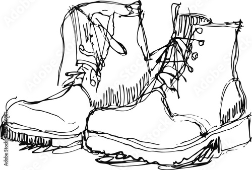 Pair of rugged boots with laces, hand drawn sketch of outdoor footwear