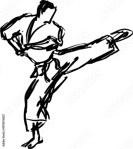 Dynamic martial artist performing a high kick in traditional karate gi and belt