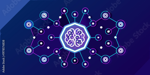 Abstract neural network illustration with glowing connections and a brain motif