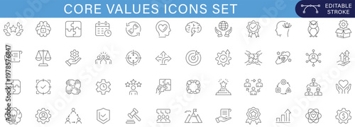 Core values icons set line vector collection teamwork leadership integrity innovation trust collaboration ethics mission vision business symbols minimal outline editable stroke