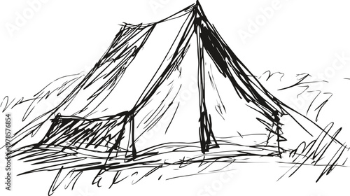 Simple sketch of a camping tent pitched outdoors surrounded by grass and bushes