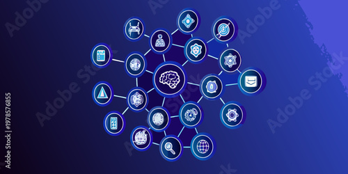 Artificial intelligence network with interconnected icons representing various technologies