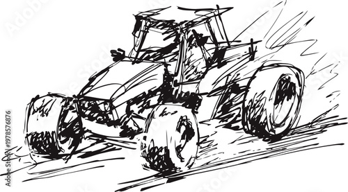 Sketch of a tractor driving fast on rough terrain agricultural machinery with large tires in motion