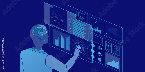 Human profile interacting with a futuristic data driven interface display