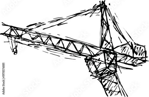 Construction crane sketch drawing with detailed lines and industrial framework