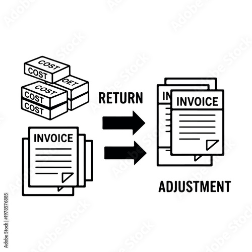 Business process vector illustration demonstrating product returns invoice adjustments and cost management workflow