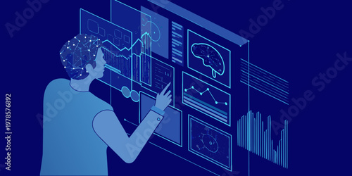 A person interacts with floating data visualizations and a digital brain interface