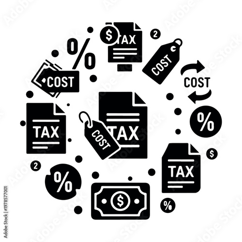 Circular arrangement of tax cost and percentage icons with dollar bills and currency symbols