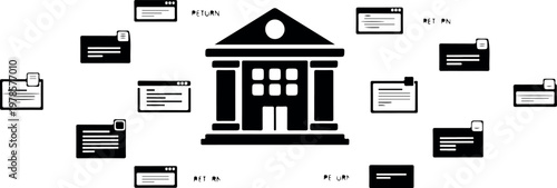 Centralized return processing vector illustration depicting a bank building surrounded by multiple return document icons