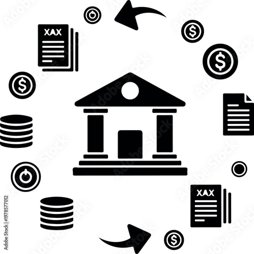 Centralized banking system vector illustration showing financial transactions taxes and money circulation around institution