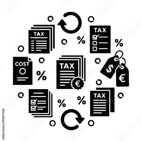 Circular arrangement of tax documents cost icons and percentage symbols with refresh arrows