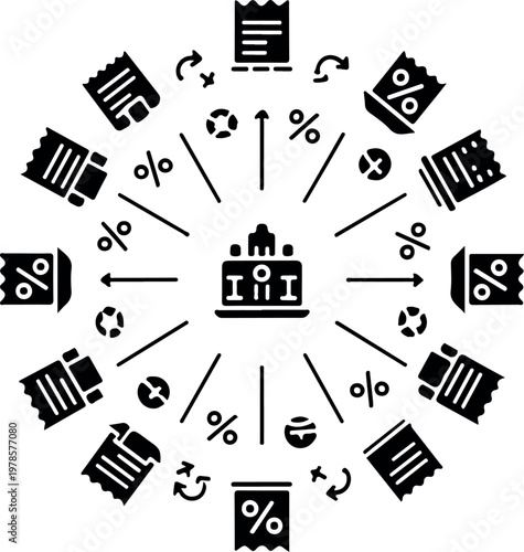 Circular financial diagram with bank icon invoices percentage symbols and arrows representing business analytics