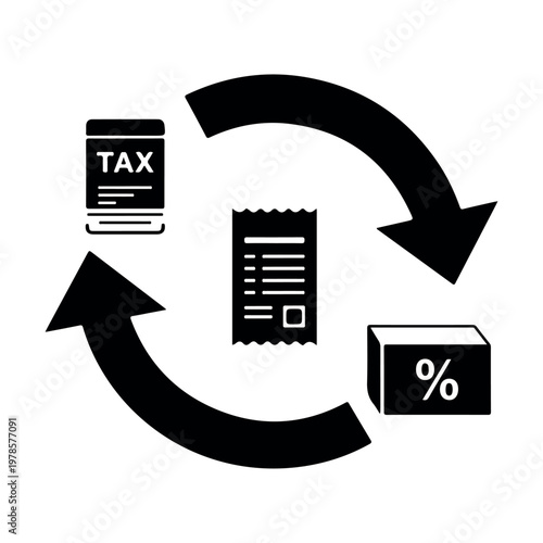 Circular flow of tax documents receipts and percentage boxes representing financial transactions vector illustration