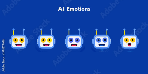 Five blue robots displaying a range of different emotional expressions